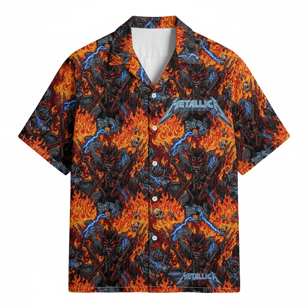 Metallica Fiery Demon Hawaiian Shirt Orange Black Blue Front - Fadebrick.com