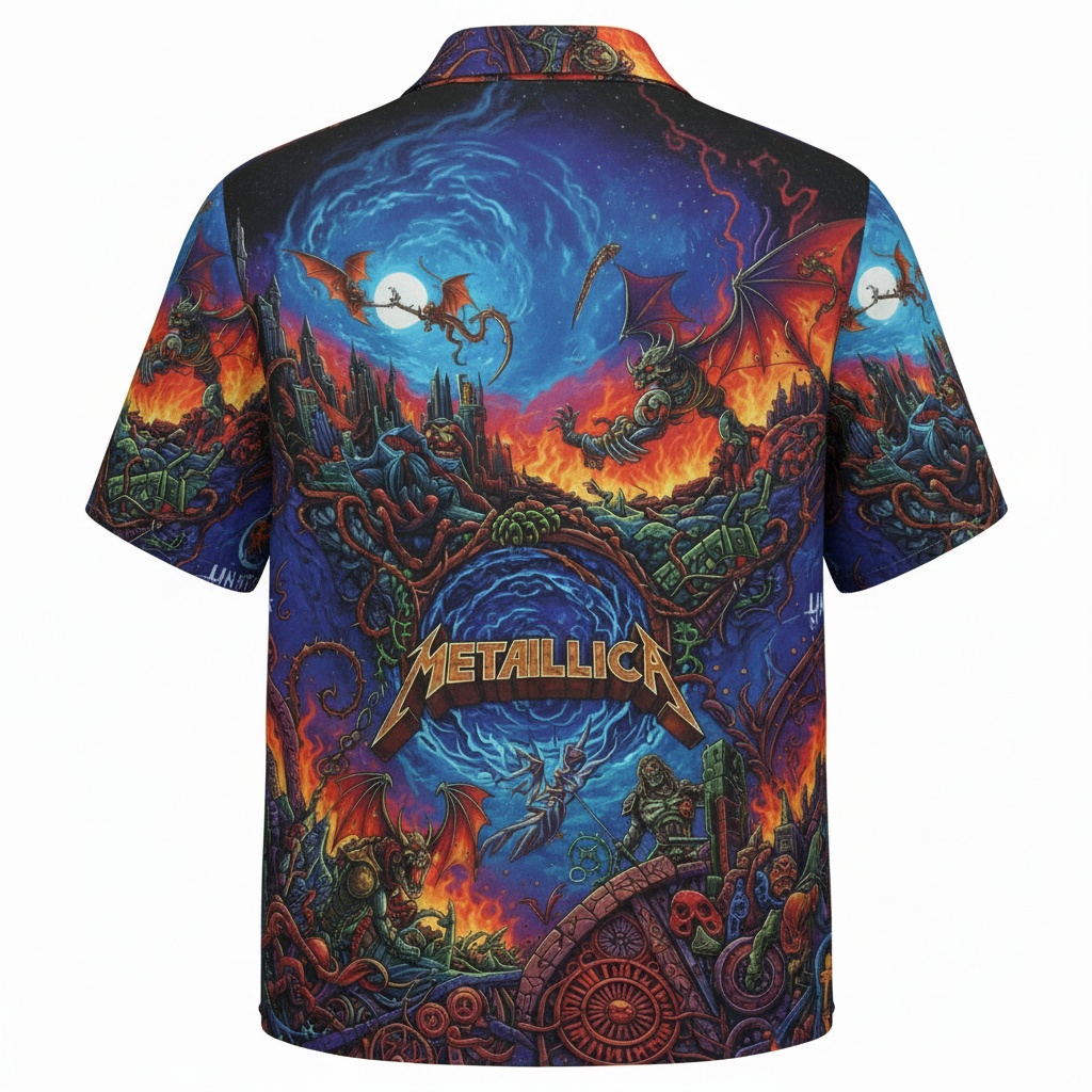 Metallica Fiery Dragon Graphic Hawaiian Shirt Epic Fantasy Back - Fadebrick.com
