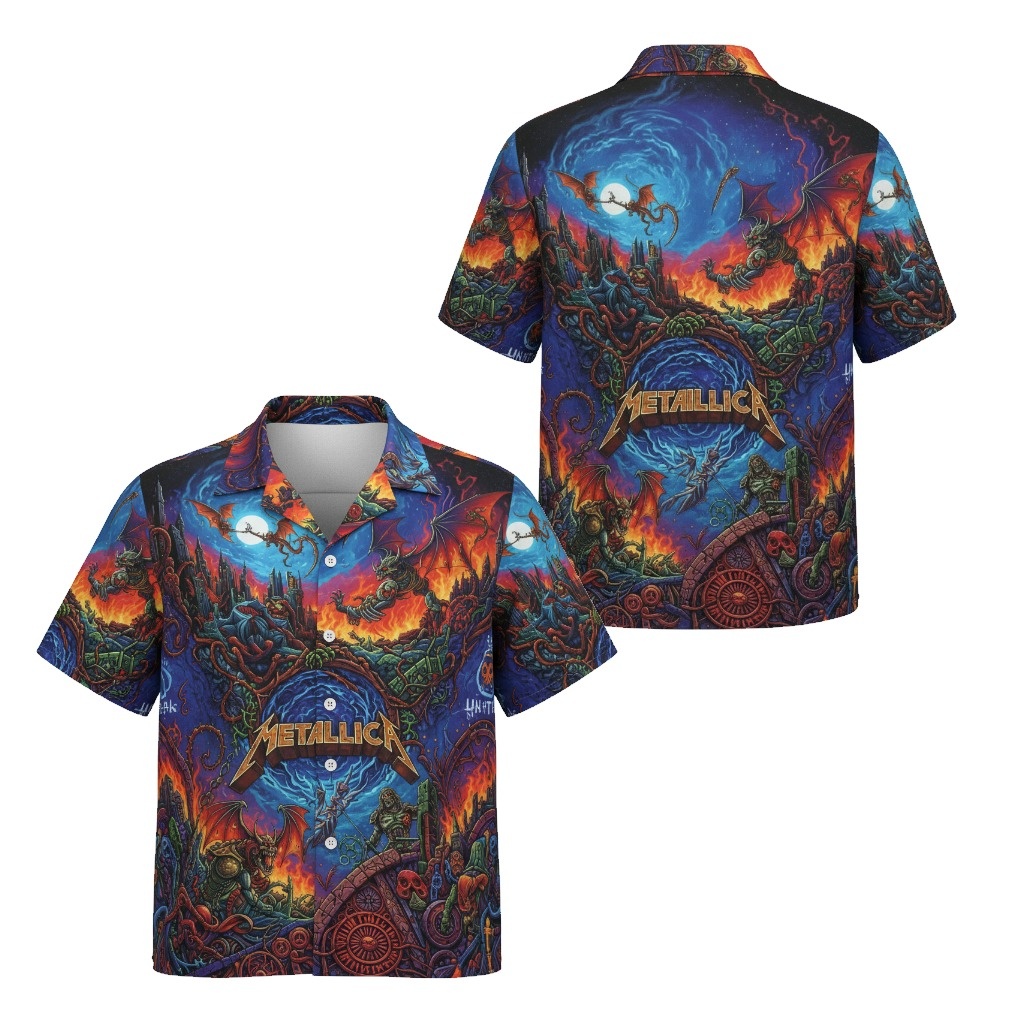 Metallica Fiery Dragon Graphic Hawaiian Shirt Epic Fantasy Front Back - Fadebrick.com