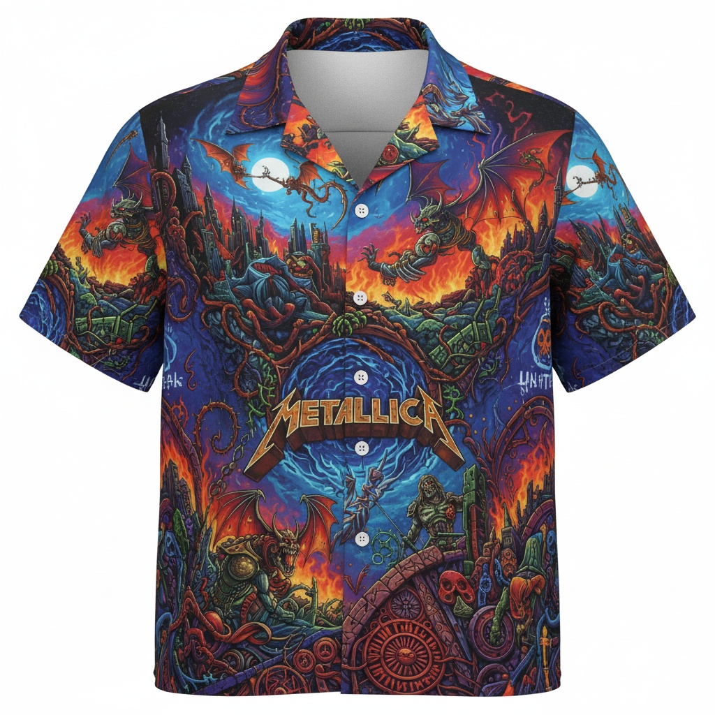 Metallica Fiery Dragon Graphic Hawaiian Shirt Epic Fantasy Front - Fadebrick.com