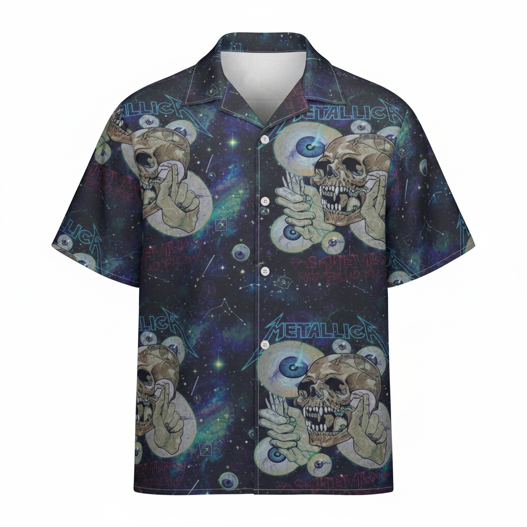 Metallica Galaxy Skulls Hawaiian Shirt Dark Blue Front - Fadebrick.com