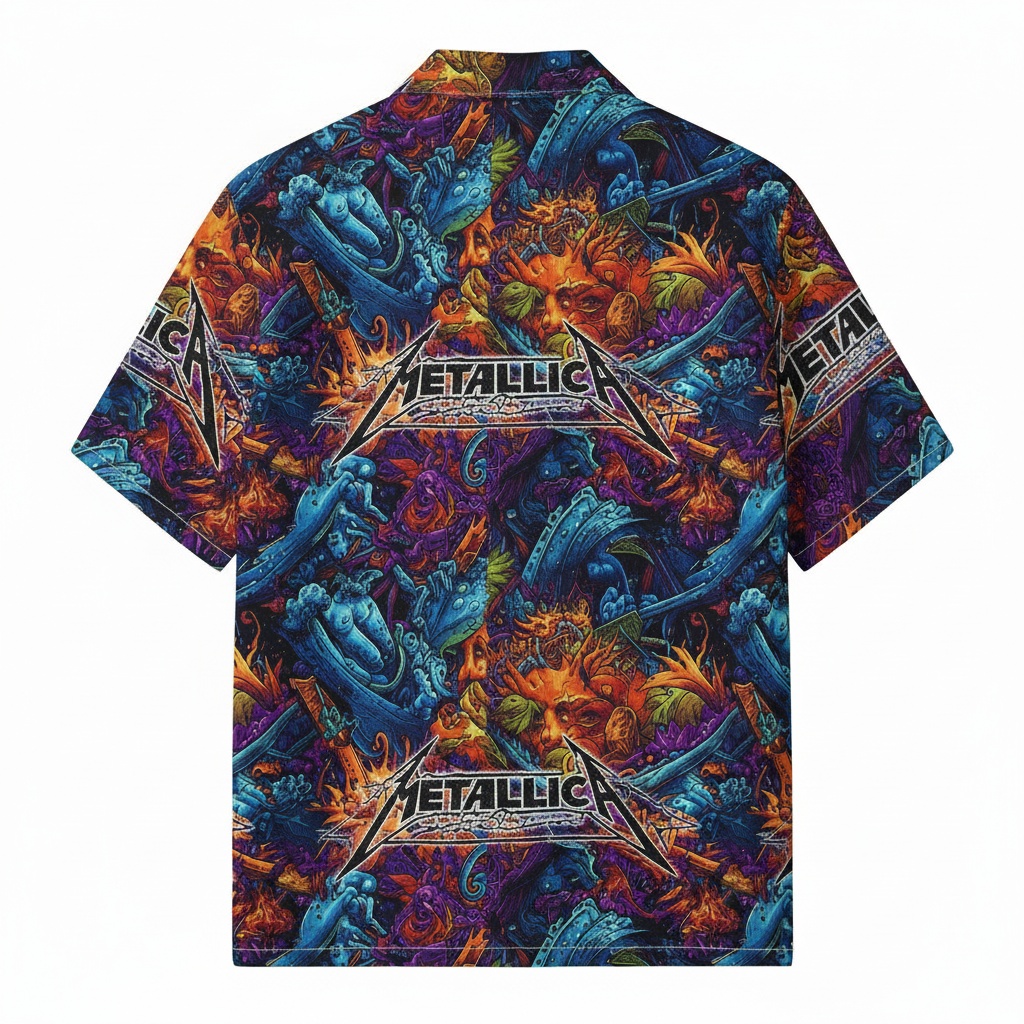 Metallica Graphic Print Hawaiian Shirt Blue Orange Back - Fadebrick.com