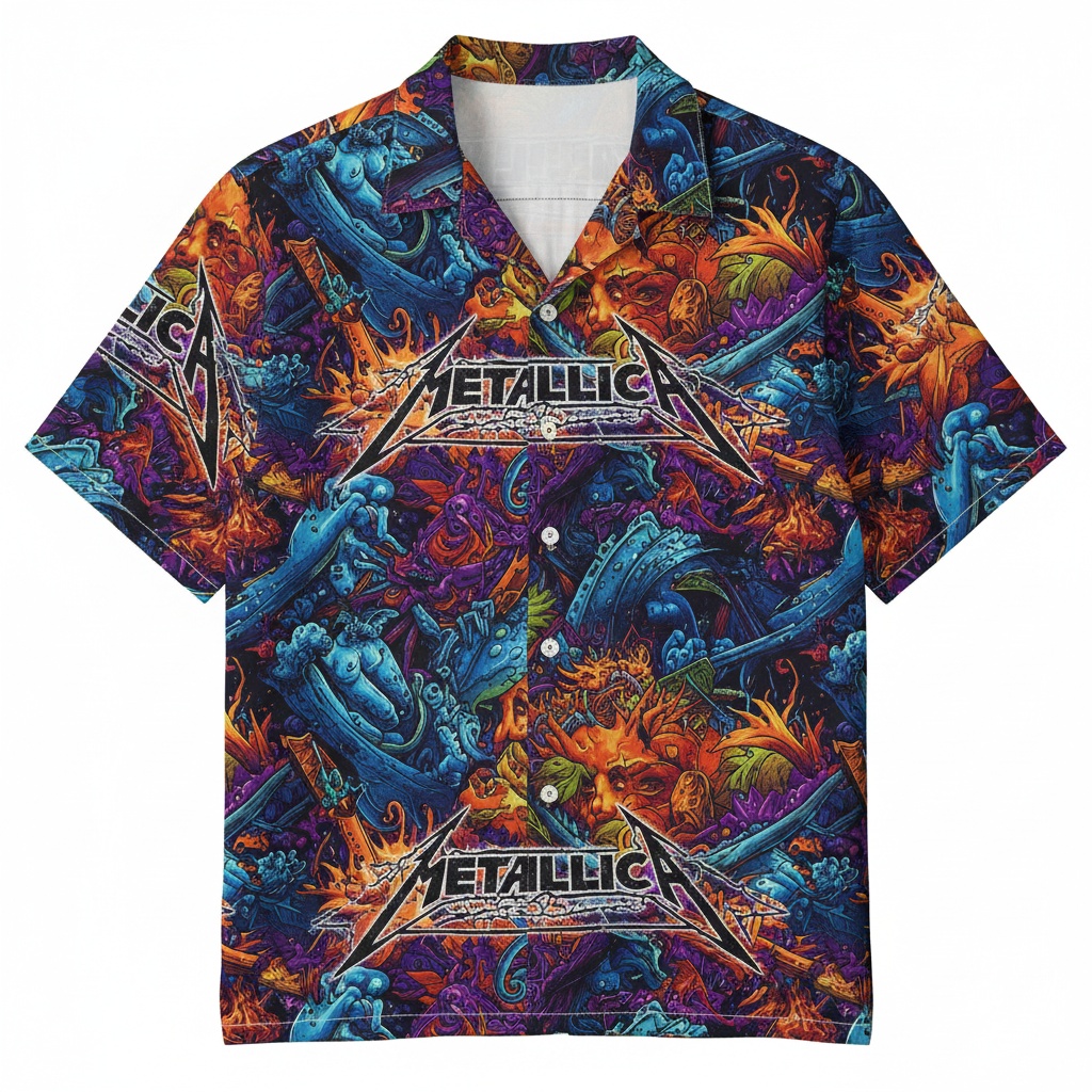 Metallica Graphic Print Hawaiian Shirt Blue Orange Front - Fadebrick.com