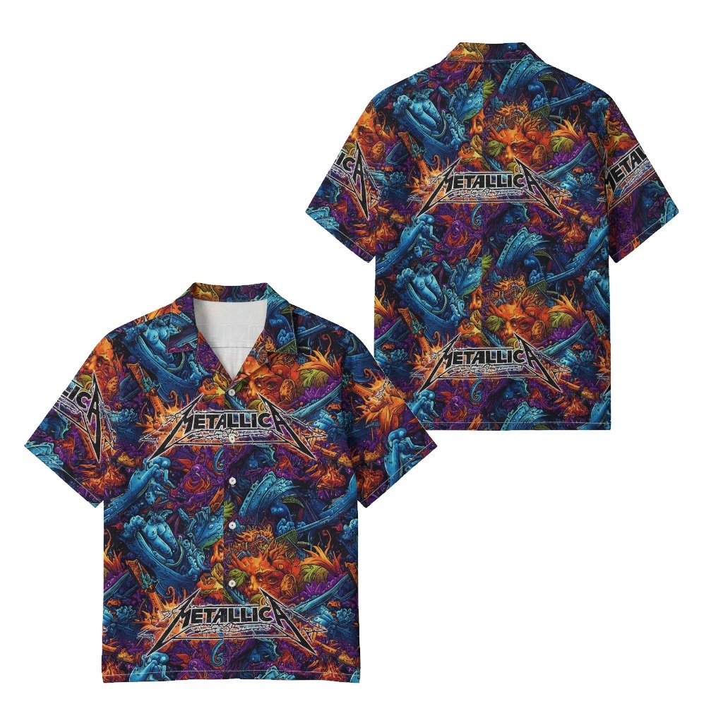 Metallica Graphic Print Hawaiian Shirt Blue Orange - Fadebrick.com