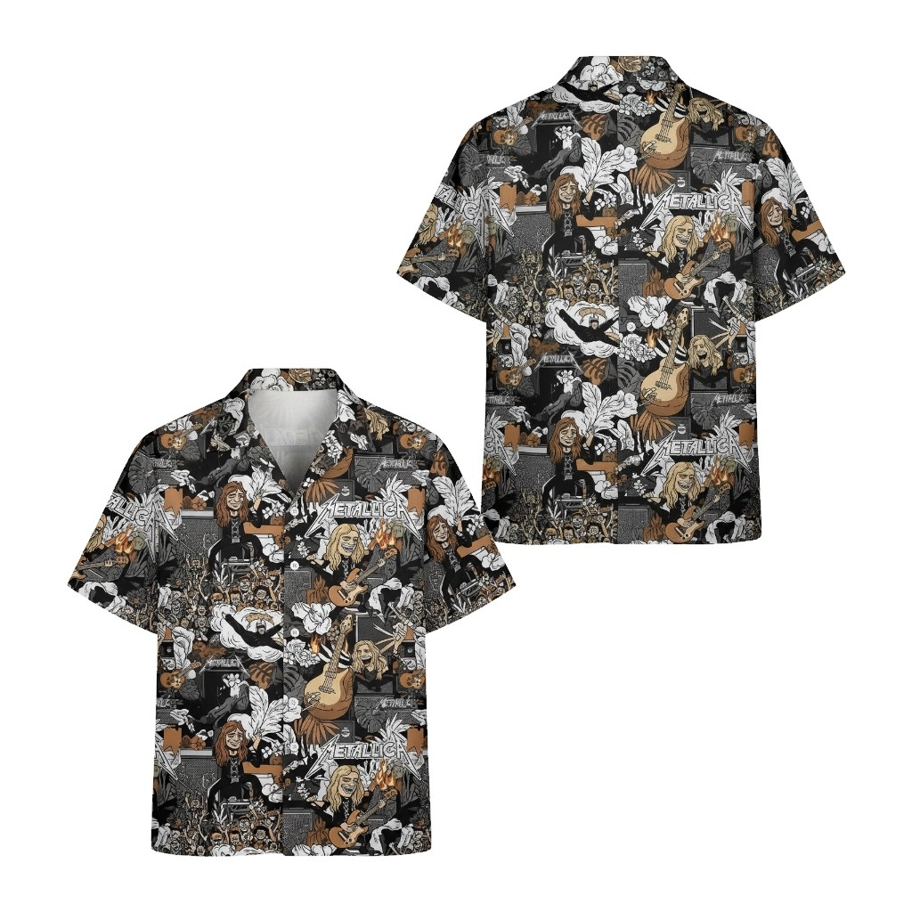 Metallica Graphic Print Hawaiian Shirt Rock Band Apparel Front Back - Fadebrick.com