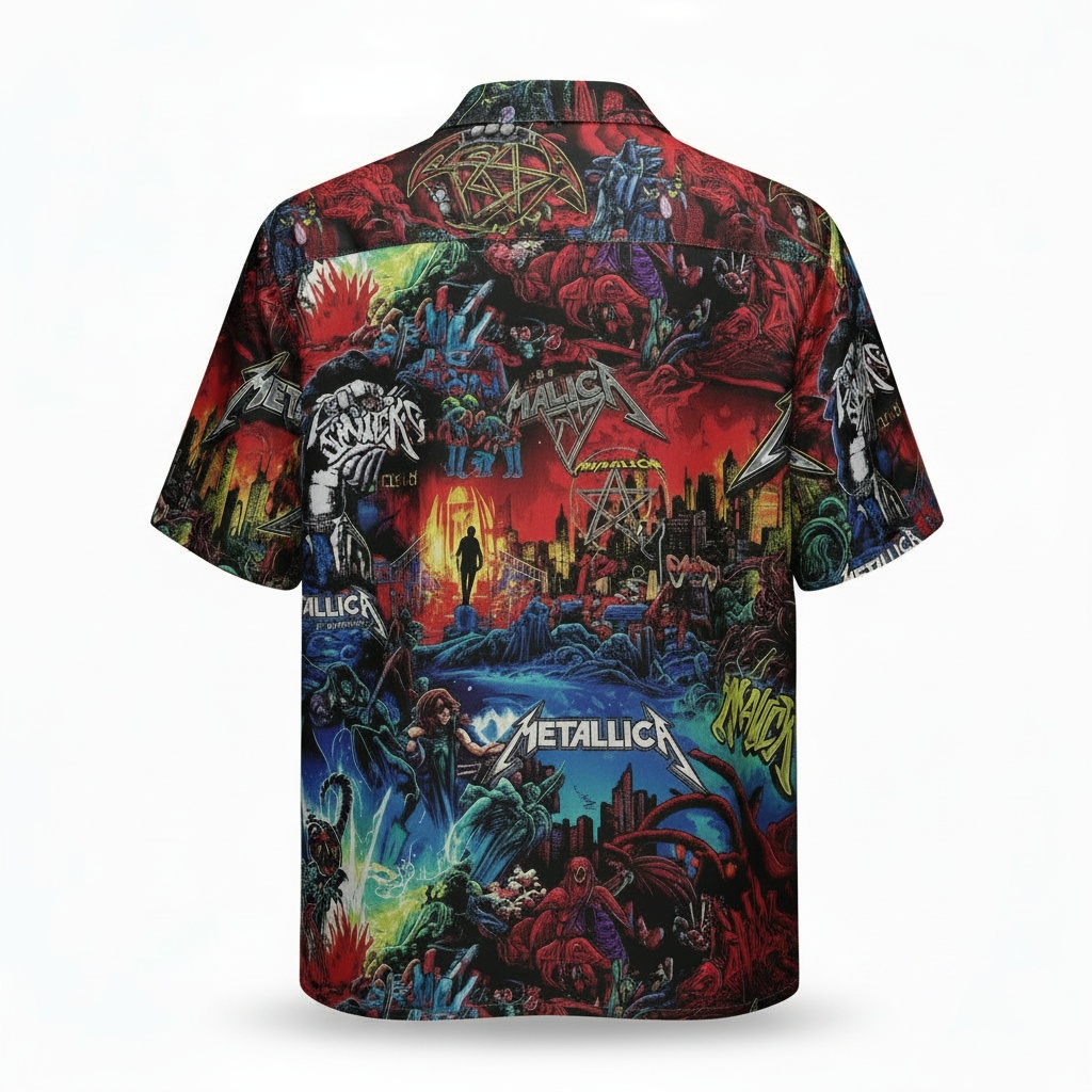 Metallica Graphic Print Hawaiian Shirt Vibrant Rock Design Back - Fadebrick.com