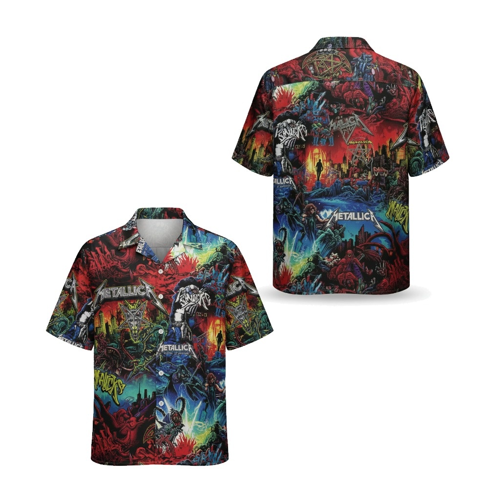 Metallica Graphic Print Hawaiian Shirt Vibrant Rock Design Front Back - Fadebrick.com