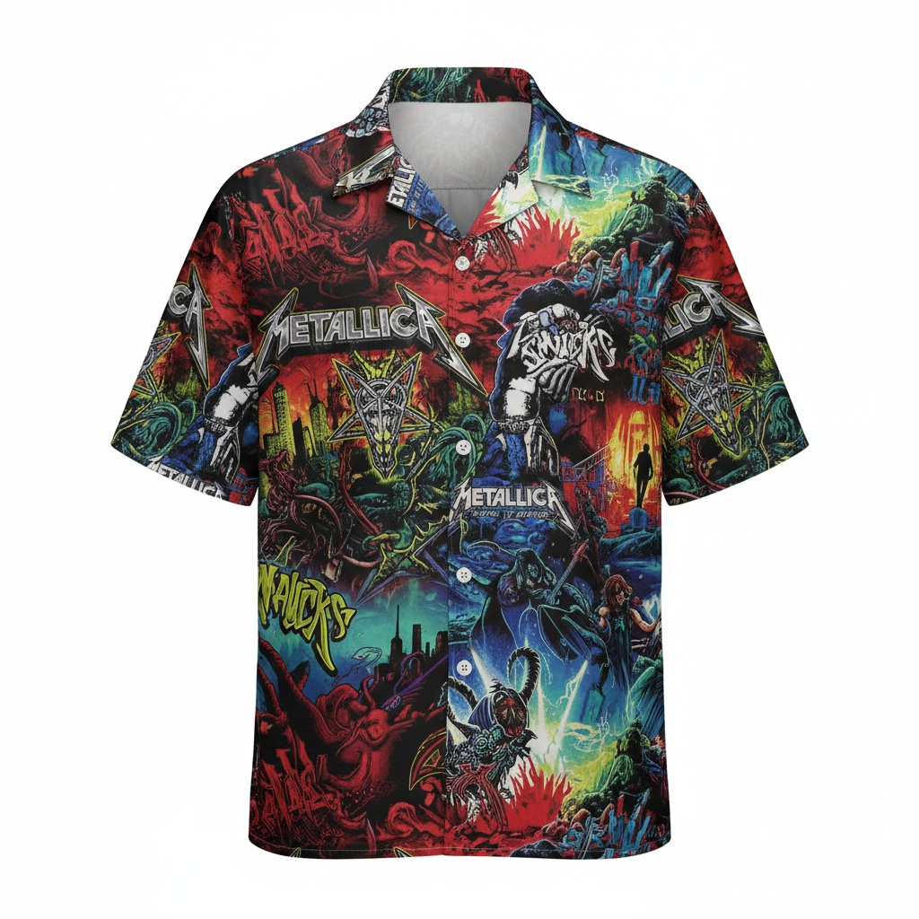 Metallica Graphic Print Hawaiian Shirt Vibrant Rock Design Front - Fadebrick.com