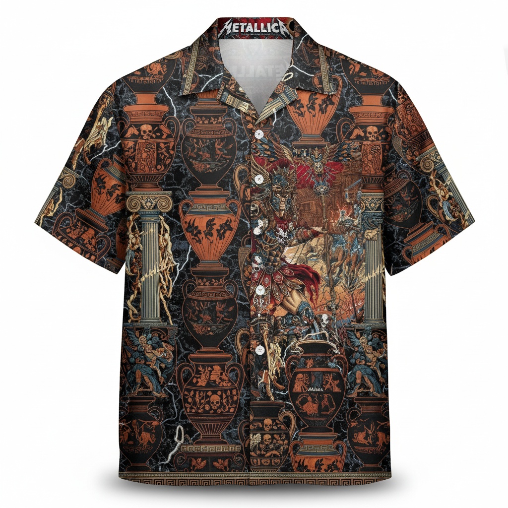 Metallica Greek Mythology Hawaiian Shirt Orange Black Front - Fadebrick.com