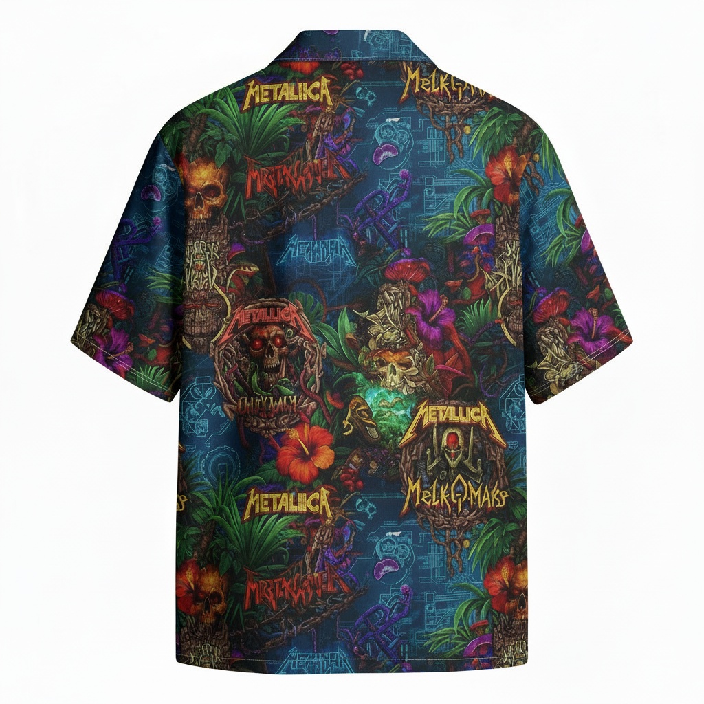 Metallica Hawaiian Shirt Dark Blue Tropical Skull Design Back - Fadebrick.com
