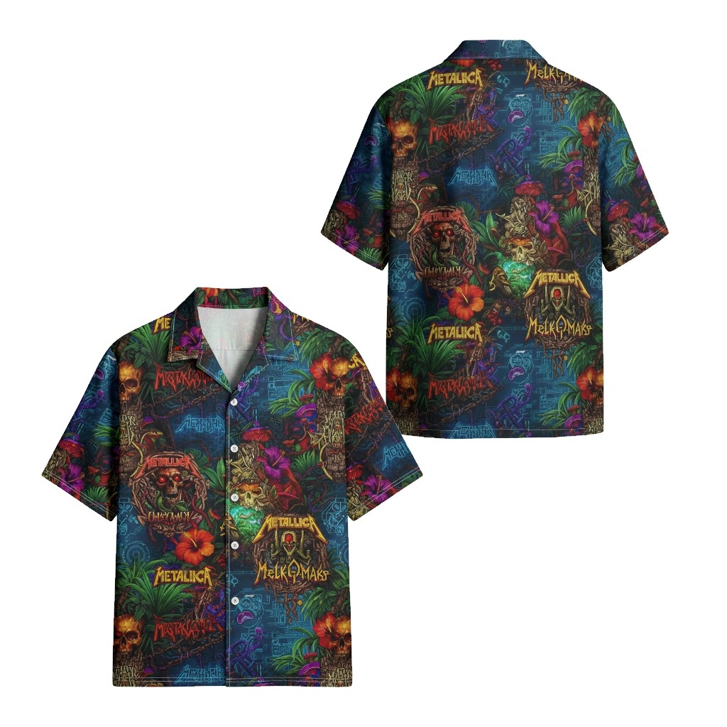 Metallica Hawaiian Shirt Dark Blue Tropical Skull Design Front Back - Fadebrick.com