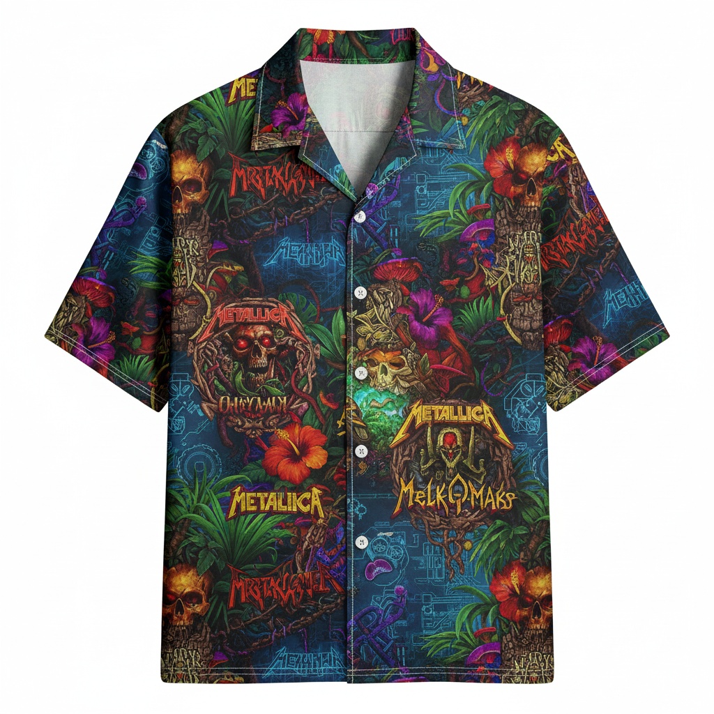 Metallica Hawaiian Shirt Dark Blue Tropical Skull Design Front - Fadebrick.com