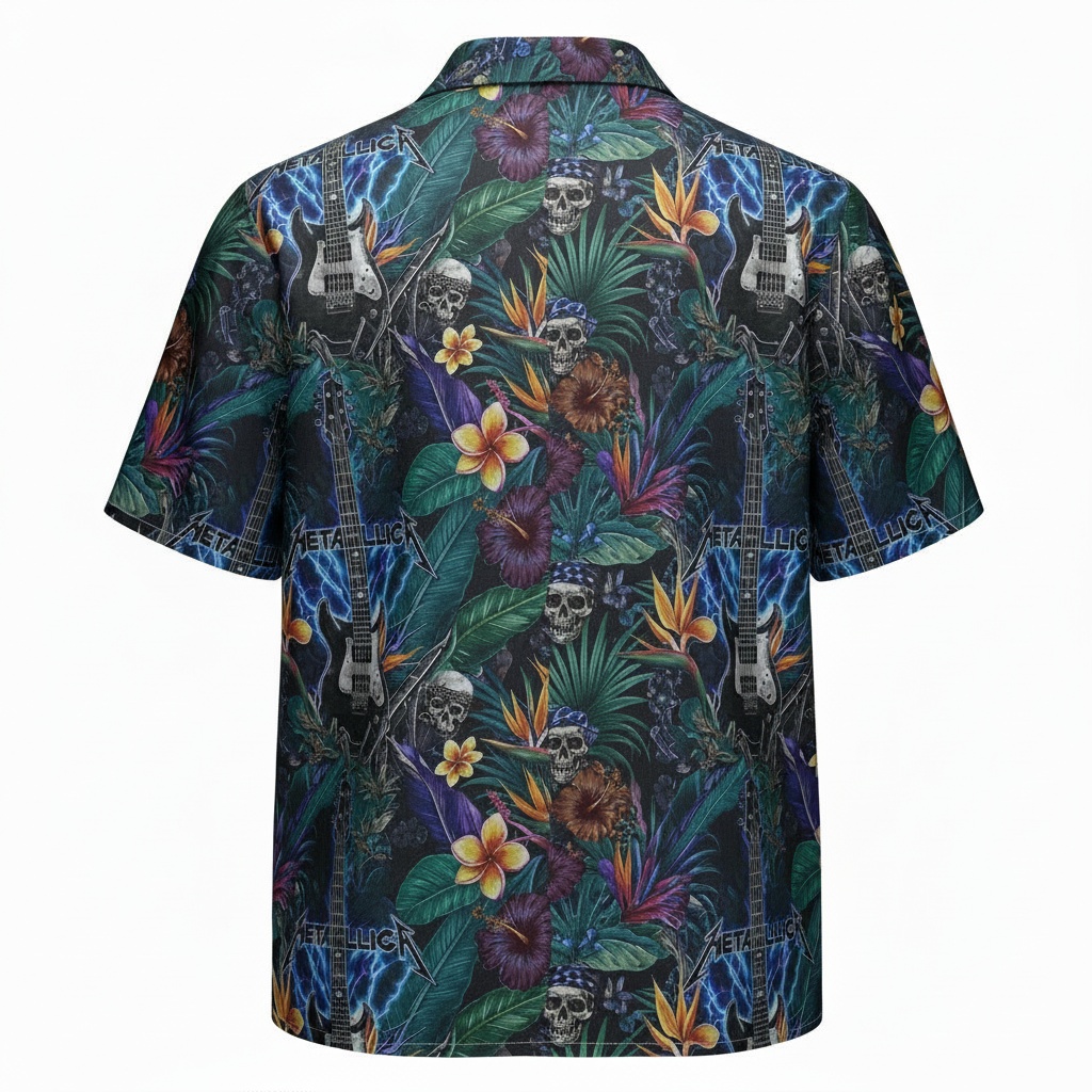 Metallica Hawaiian Shirt Dark Floral Guitar Skull Design Back - Fadebrick.com