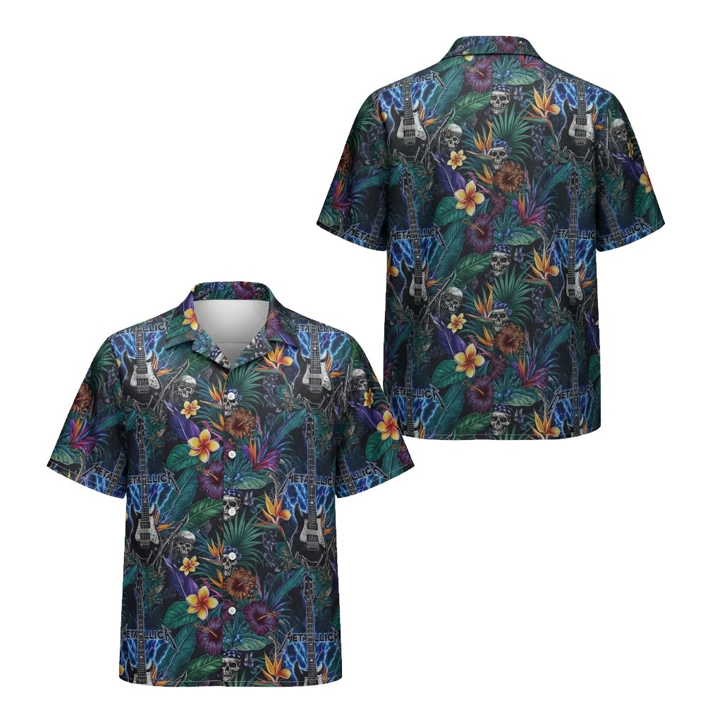 Metallica Hawaiian Shirt Dark Floral Guitar Skull Design Front Back - Fadebrick.com