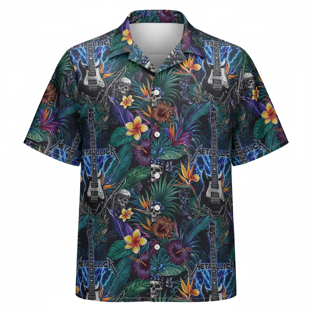 Metallica Hawaiian Shirt Dark Floral Guitar Skull Design Front - Fadebrick.com