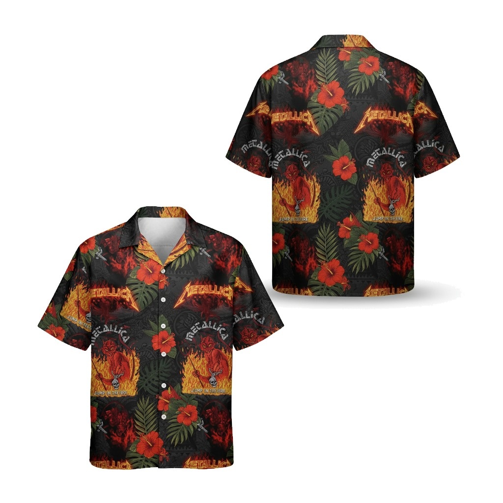 Metallica Jump In The Fire Hawaiian Shirt Black Red Front Back - Fadebrick.com