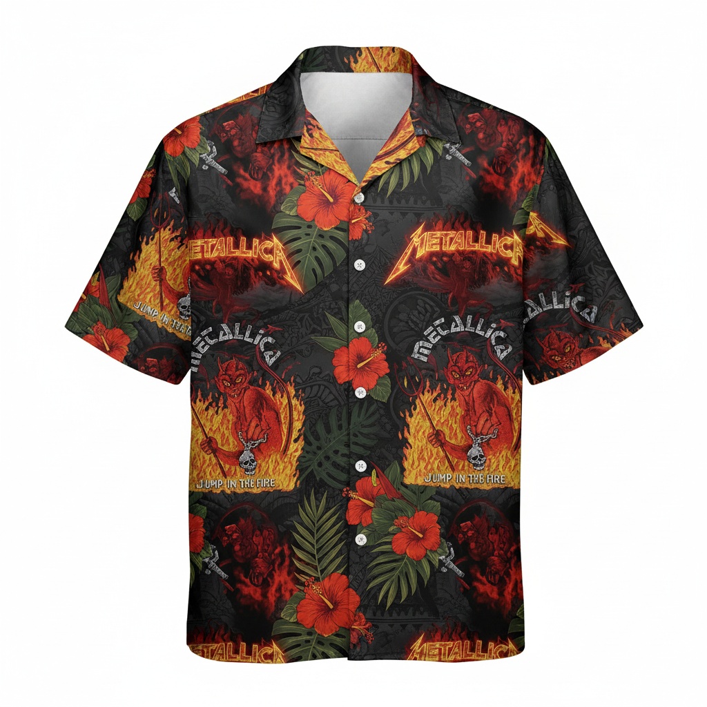 Metallica Jump In The Fire Hawaiian Shirt Black Red Front - Fadebrick.com