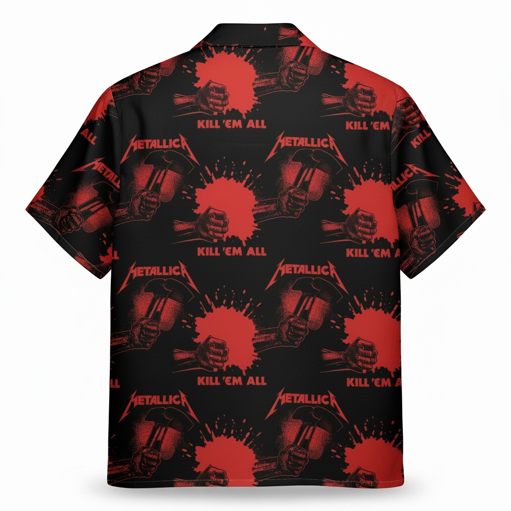 Metallica Kill Em All Black Red Graphic Print Hawaiian Shirt Back - Fadebrick.com