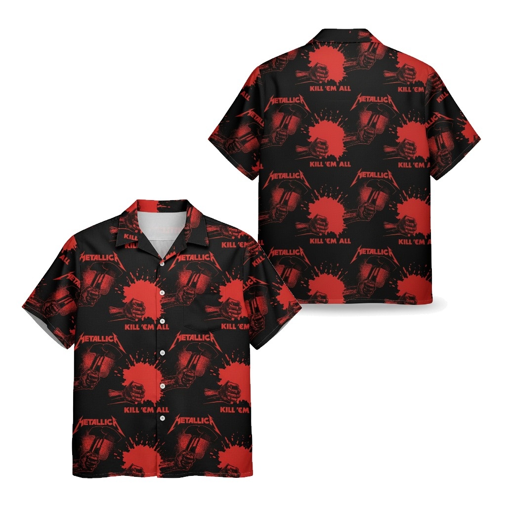 Metallica Kill Em All Black Red Graphic Print Hawaiian Shirt Front Back - Fadebrick.com