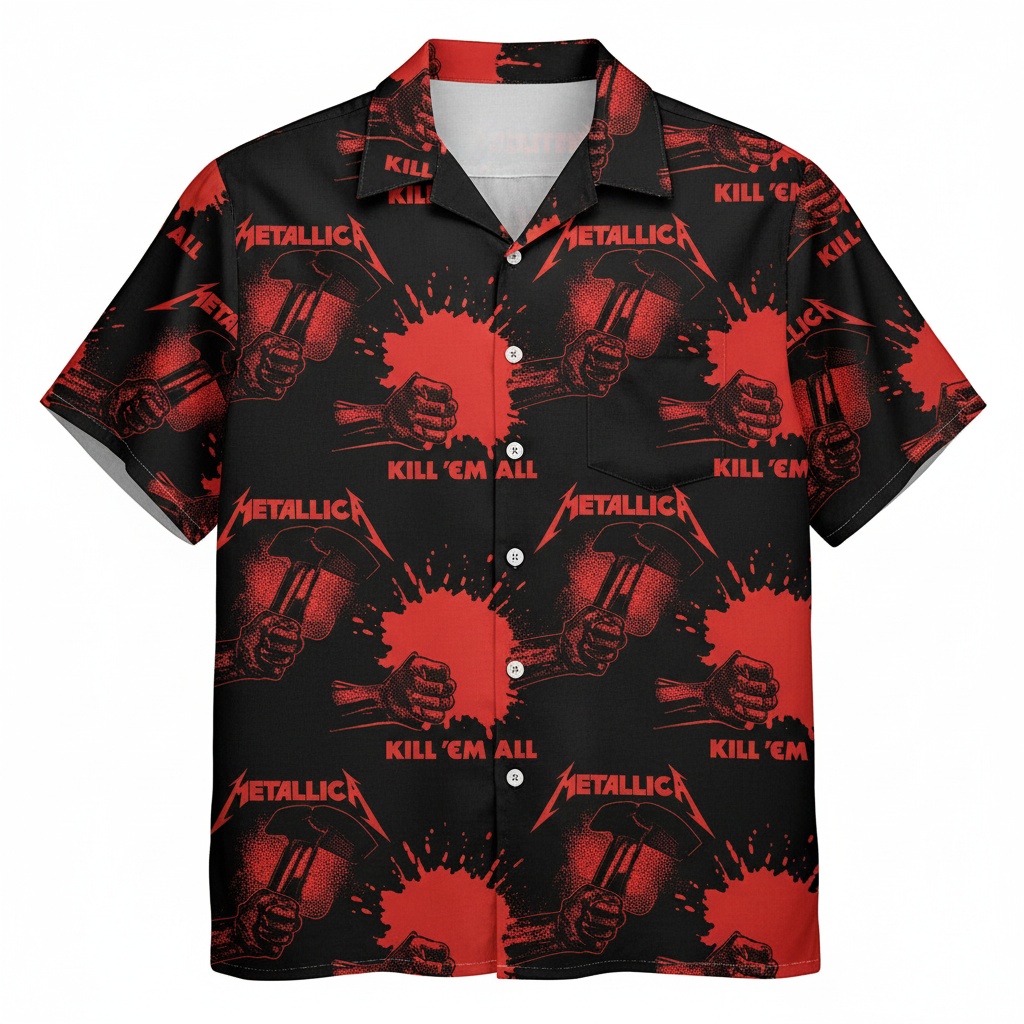 Metallica Kill Em All Black Red Graphic Print Hawaiian Shirt Front - Fadebrick.com