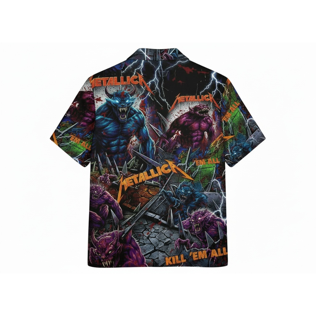 Metallica Kill Em All Graphic Print Hawaiian Shirt Blue Back - Fadebrick.com