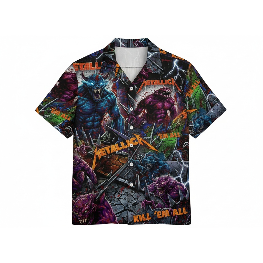 Metallica Kill Em All Graphic Print Hawaiian Shirt Blue Front - Fadebrick.com