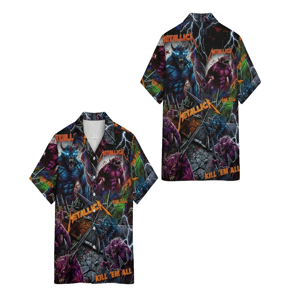 Metallica Kill Em All Graphic Print Hawaiian Shirt Blue - Fadebrick.com