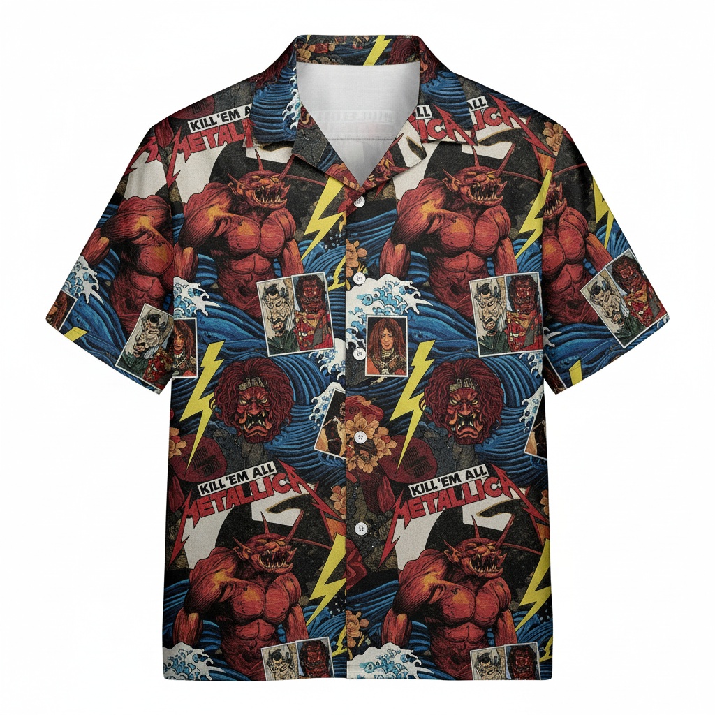 Metallica Kill Em All Graphic Print Hawaiian Shirt Red Front - Fadebrick.com