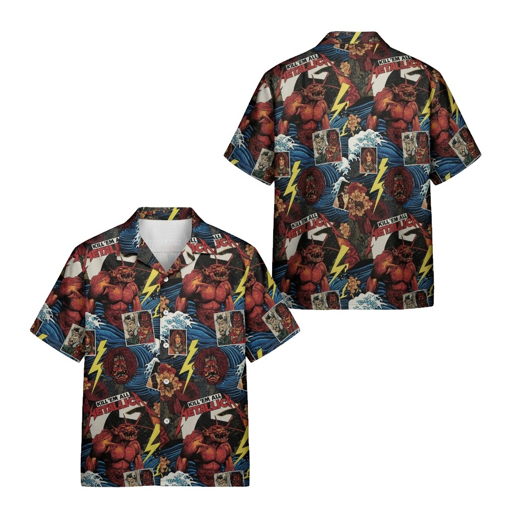 Metallica Kill Em All Graphic Print Hawaiian Shirt Red - Fadebrick.com
