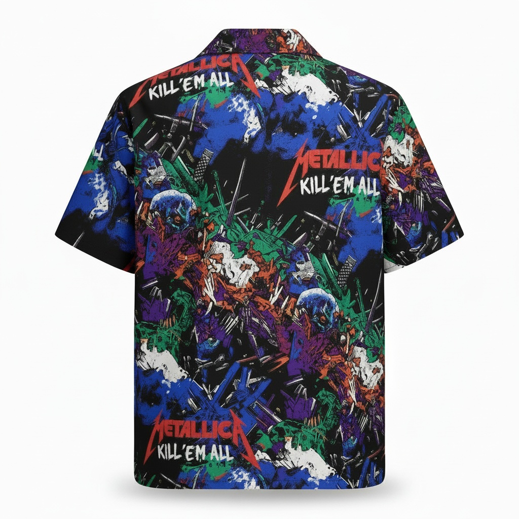 Metallica Kill Em All Graphic Print Short Sleeve Button Up Back - Fadebrick.com