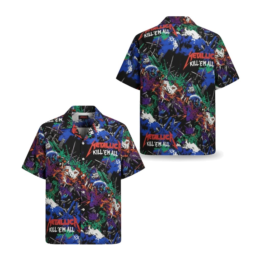 Metallica Kill Em All Graphic Print Short Sleeve Button Up Front Back - Fadebrick.com