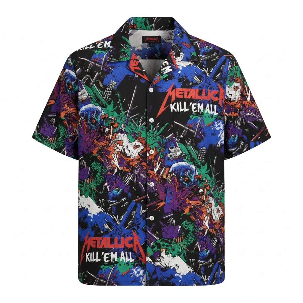 Metallica Kill Em All Graphic Print Short Sleeve Button Up Front - Fadebrick.com
