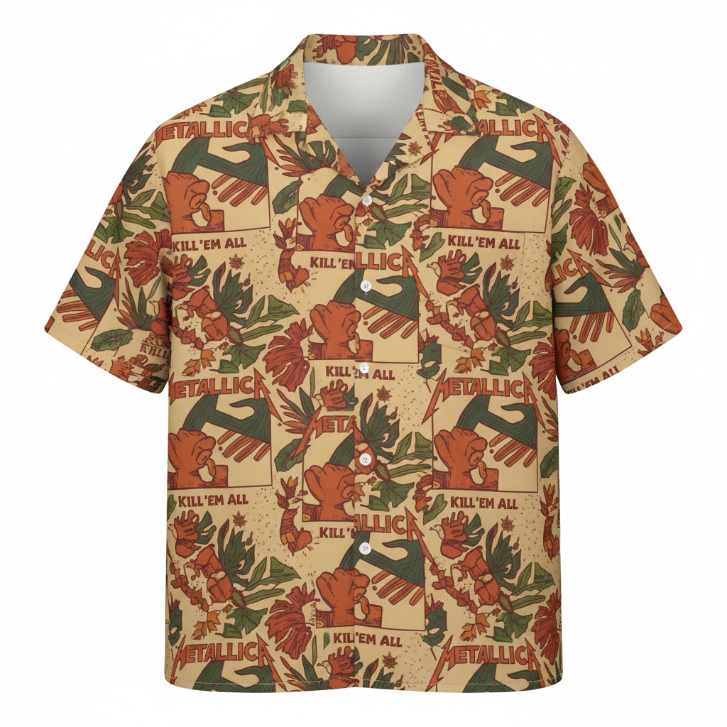 Metallica Kill Em All Hawaiian Shirt Tan Orange Green Front - Fadebrick.com
