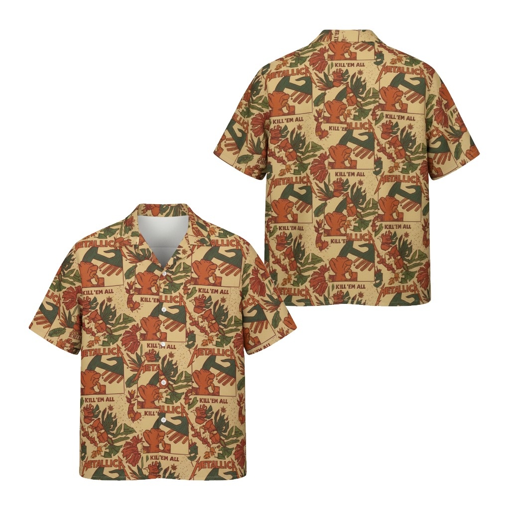 Metallica Kill Em All Hawaiian Shirt Tan Orange Green - Fadebrick.com