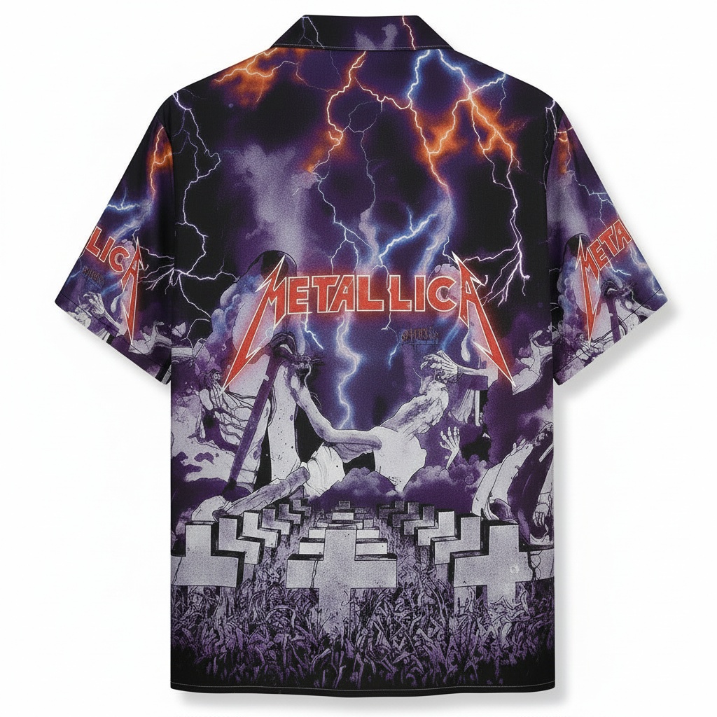 Metallica Lightning Cemetery Graphic Print Short Sleeve Back - Fadebrick.com
