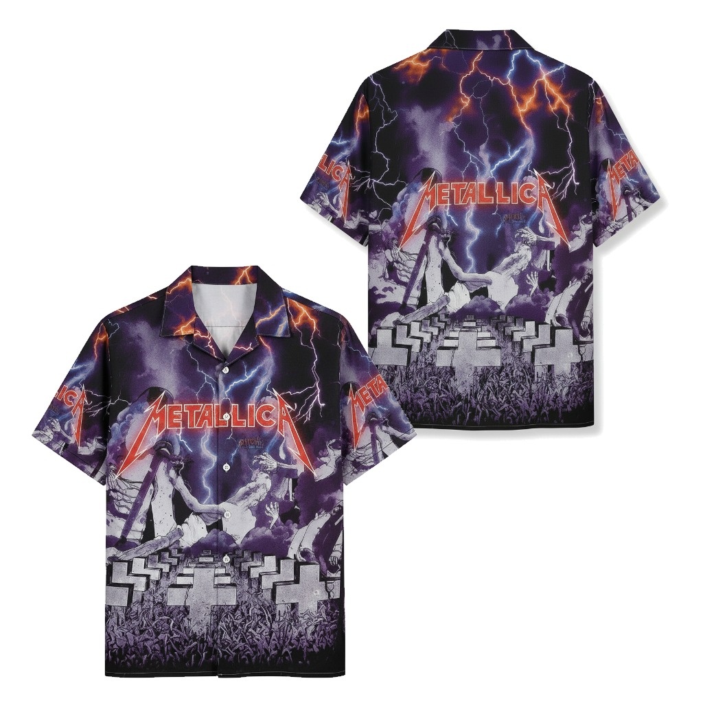 Metallica Lightning Cemetery Graphic Print Short Sleeve Front Back - Fadebrick.com