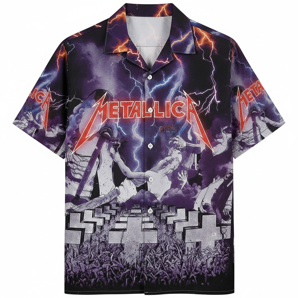 Metallica Lightning Cemetery Graphic Print Short Sleeve Front - Fadebrick.com