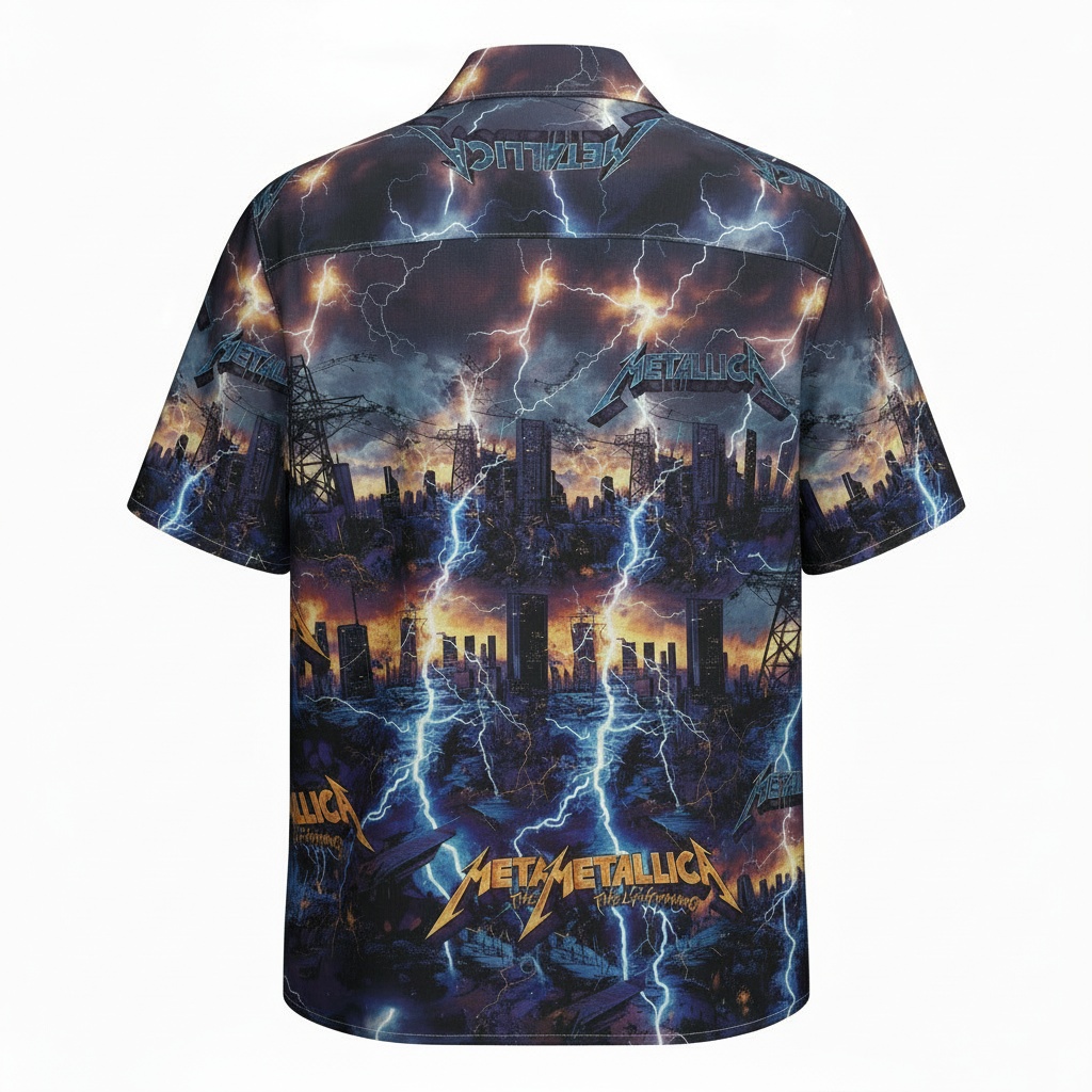 Metallica Lightning City Graphic Print Short Sleeve Button Back - Fadebrick.com