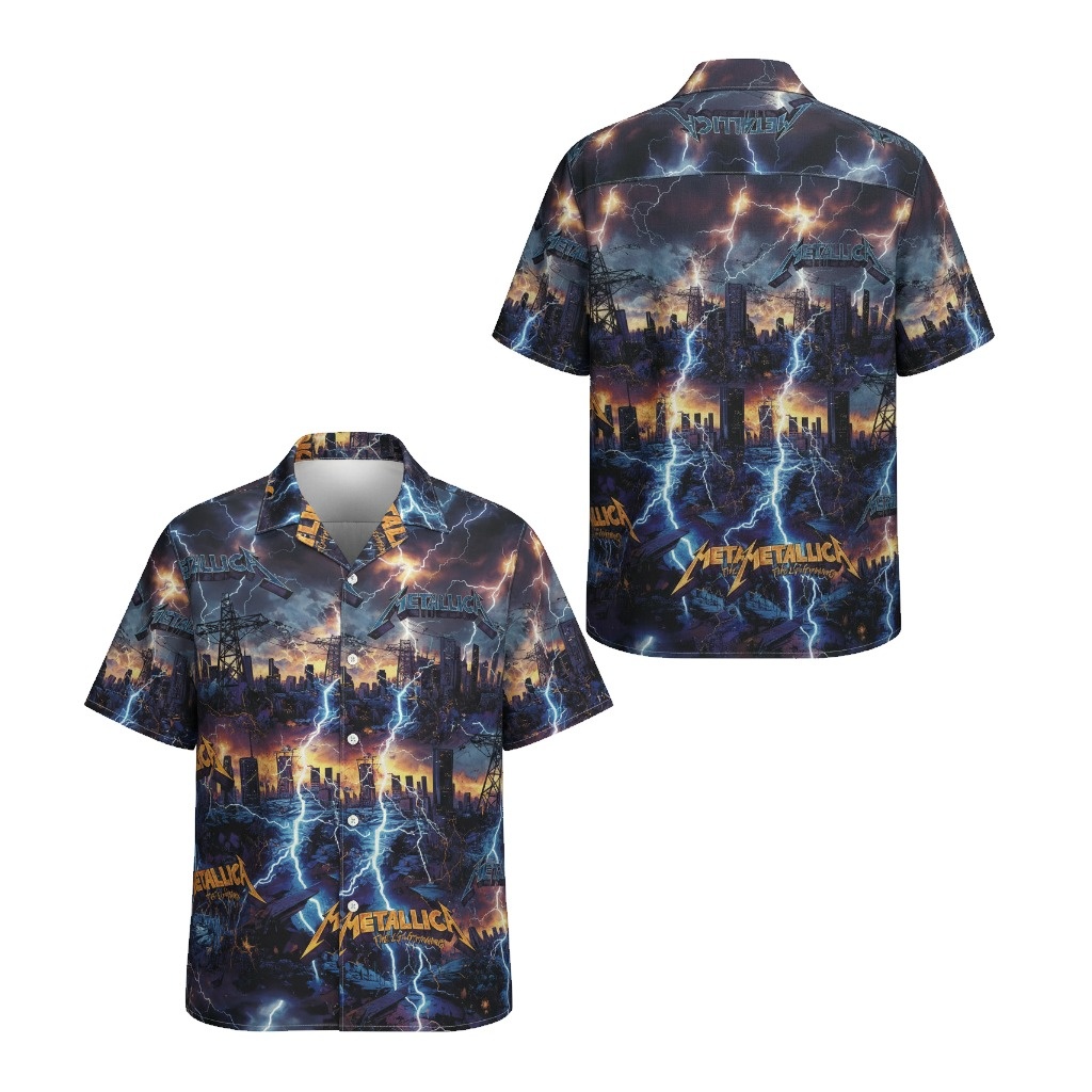Metallica Lightning City Graphic Print Short Sleeve Button Front Back - Fadebrick.com