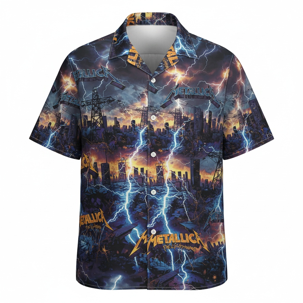 Metallica Lightning City Graphic Print Short Sleeve Button Front - Fadebrick.com
