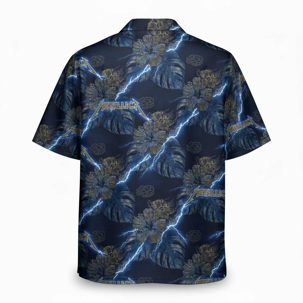 Metallica Lightning Floral Hawaiian Shirt Blue Gold Back - Fadebrick.com
