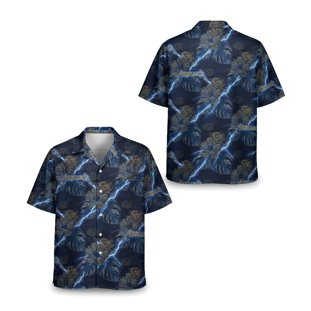 Metallica Lightning Floral Hawaiian Shirt Blue Gold Front Back - Fadebrick.com