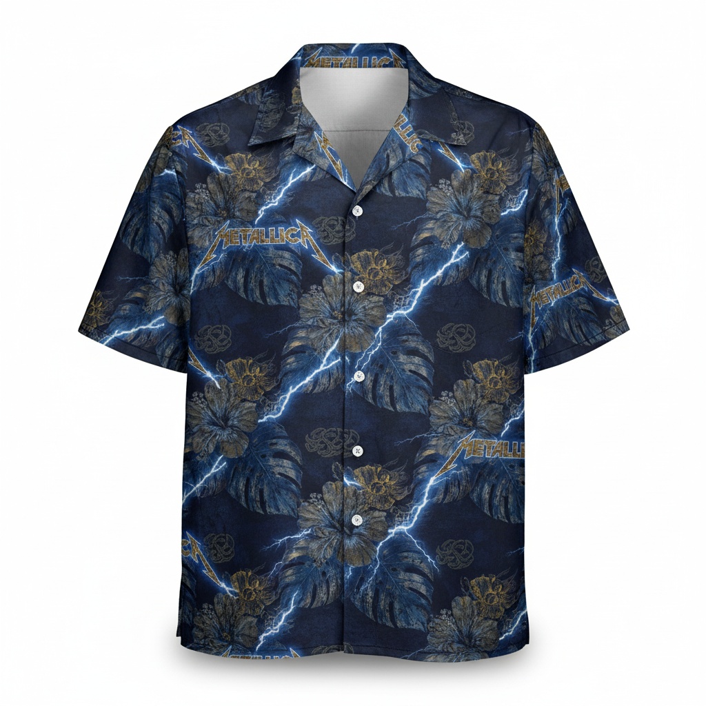 Metallica Lightning Floral Hawaiian Shirt Blue Gold Front - Fadebrick.com