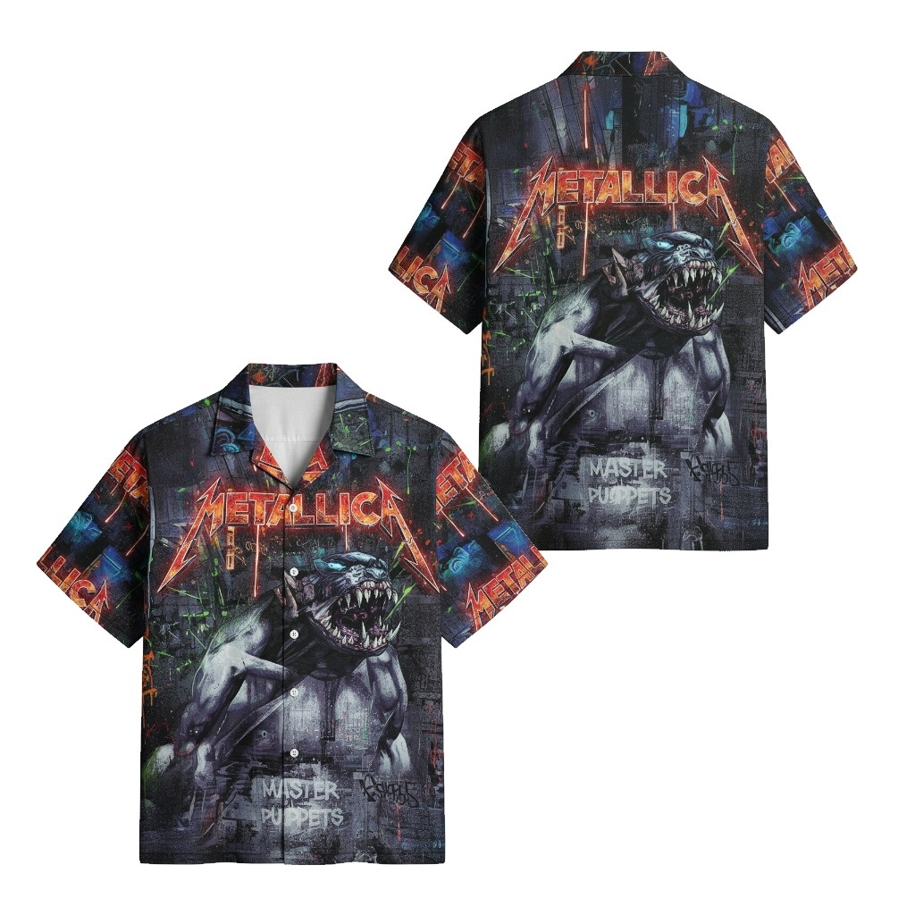 Metallica Master Of Puppets Graphic Print Button Up Shirt Front Back - Fadebrick.com