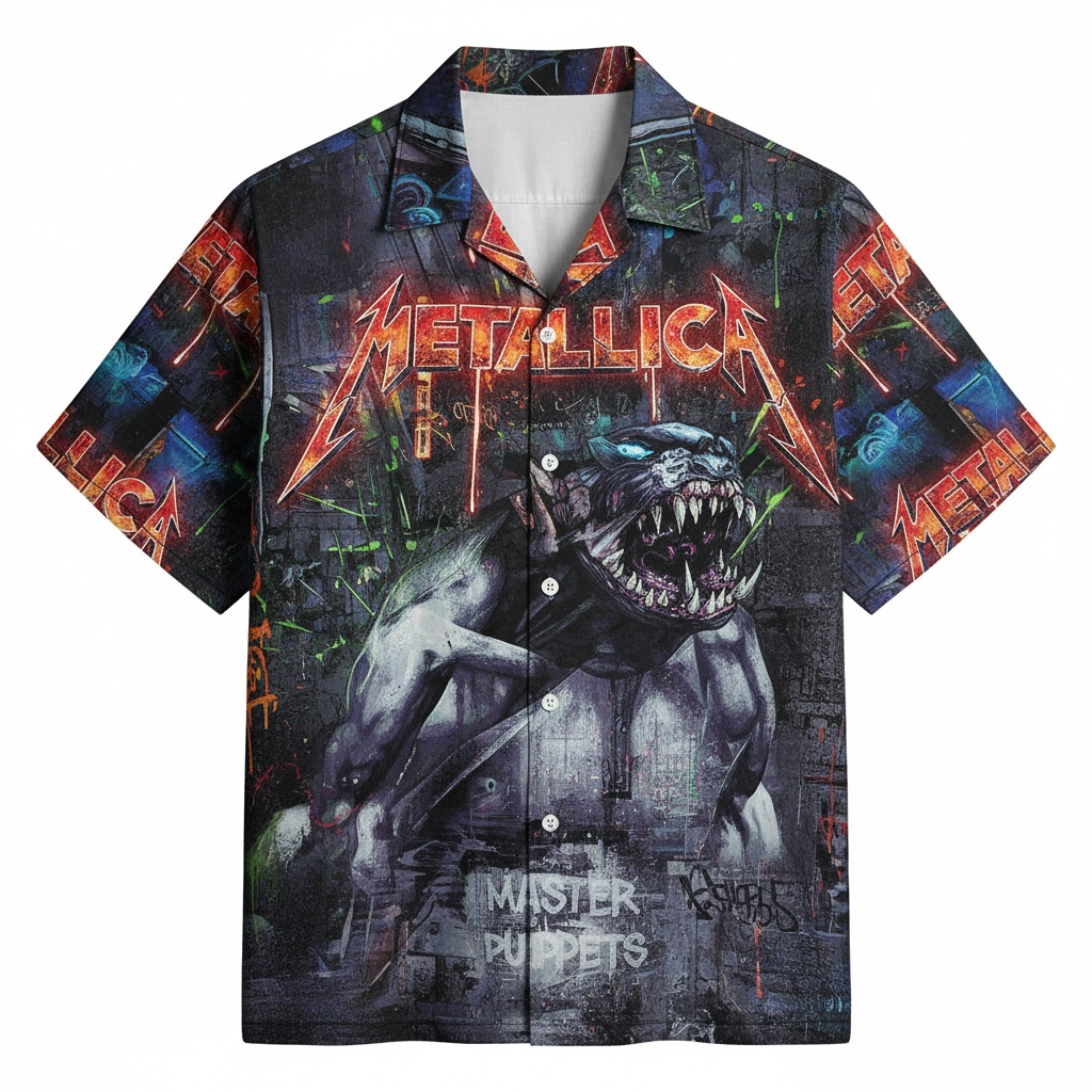 Metallica Master Of Puppets Graphic Print Button Up Shirt Front - Fadebrick.com