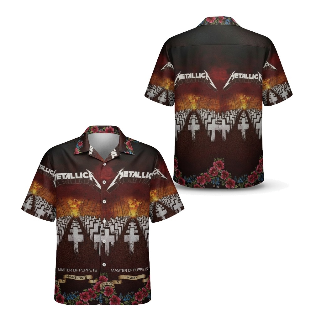 Metallica Master Of Puppets Hawaiian Shirt Dark Brown Men's Front Back - Fadebrick.com