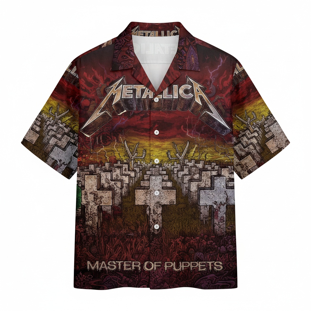 Metallica Master Of Puppets Red Yellow Graphic Hawaiian Front - Fadebrick.com