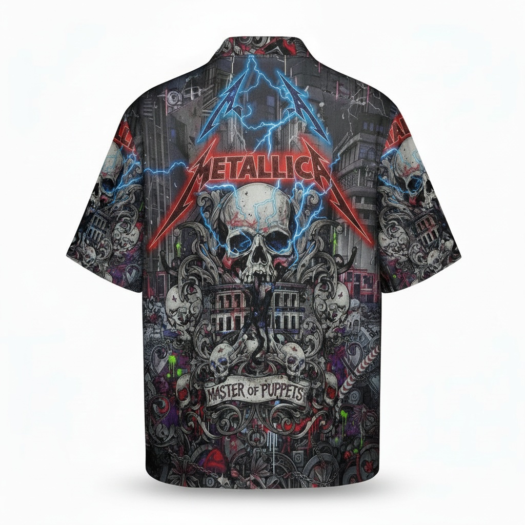 Metallica Master Of Puppets Skull Graphic Button Up Shirt Back - Fadebrick.com