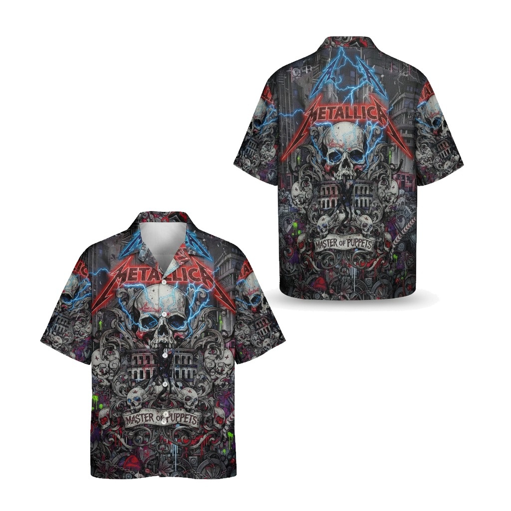 Metallica Master Of Puppets Skull Graphic Button Up Shirt Front Back - Fadebrick.com