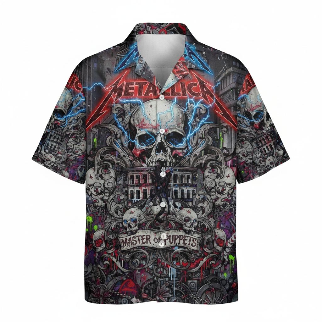 Metallica Master Of Puppets Skull Graphic Button Up Shirt Front - Fadebrick.com